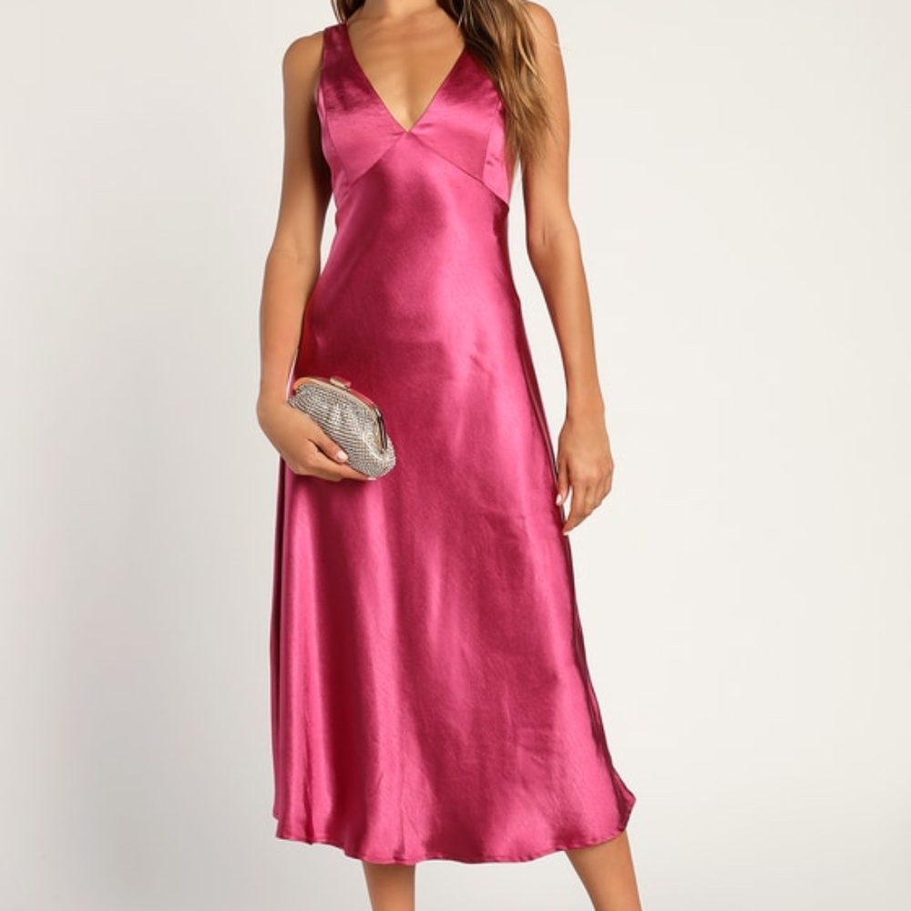 Lulus Incredible Love Magenta Satin Cowl Back Midi Slip Dress Pink - Size L